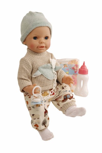 Schildkröt Manufaktur Trink + Näßbaby "Finn" 40 cm mit Malhaar und blauen Schlafaugen, Kleidung Bauernhof