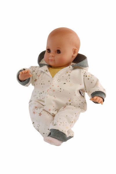 Schildkröt Manufaktur Puppe Schlummerle 32 cm mit Malhaar und braunen Schlafaugen, Overall weiß/blau