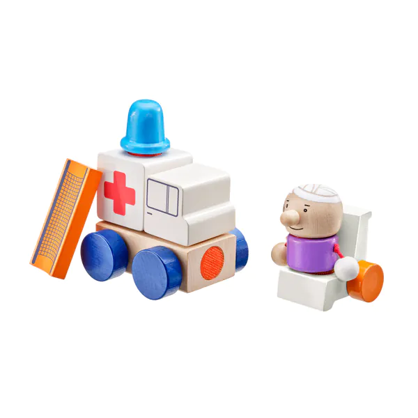 Schmidt Spiele Klettini® Krankenwagen, Klett-Stapelspielzeug aus Holz, 7 Teile Preisnachlass