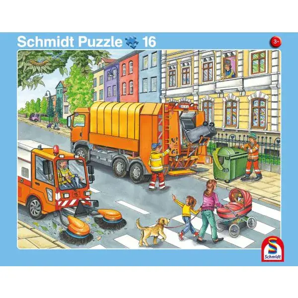 Schmidt Spiele 2 Kinder Rahmenpuzzle, 16 Teile Fahrt mit dem Müllauto, 24 Teile Achtung, Baustelle!