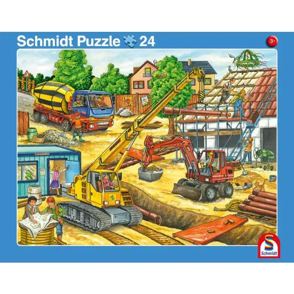 Schmidt Spiele 2 Kinder Rahmenpuzzle, 16 Teile Fahrt mit dem Müllauto, 24 Teile Achtung, Baustelle! Nur noch ein Tag übrig