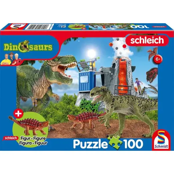 Schmidt Spiele Schleich ®: Dinosaurs – Dinosaurier der Urzeit, 100 Teile Kinderpuzzle mit Add-on (eine Original Saichania mini Figur) Fabrikladen