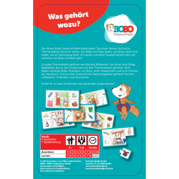 Schmidt Spiele Bobo Siebenschläfer, Was gehört wozu? Speichern exportieren