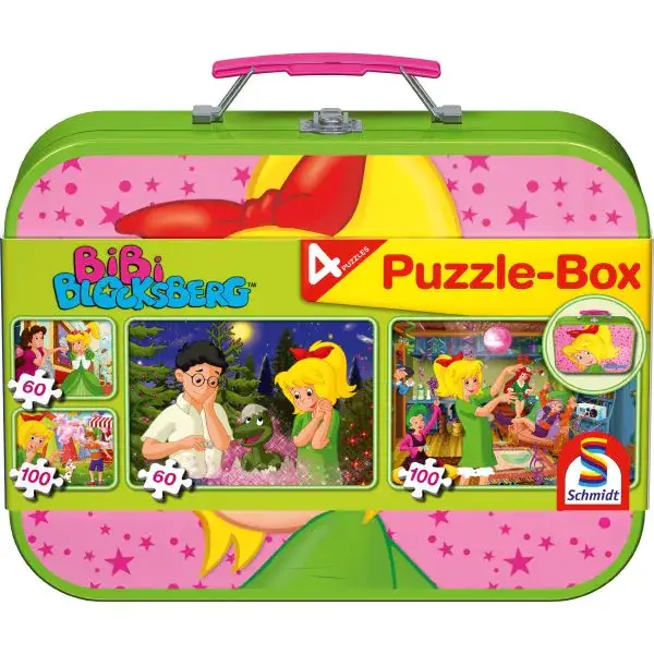 Schmidt Spiele Puzzle-Box: Bibi Blocksberg im Metallkoffer mit 4 Kinderpuzzles mit 4 Kinderpuzzle (2 x 60 Teile & 2 x 100 Teile)