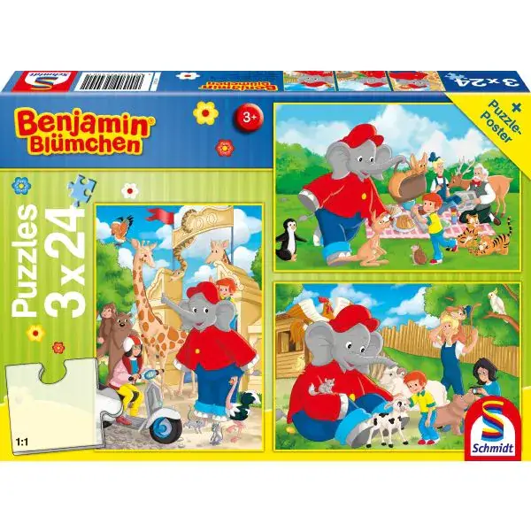 Schmidt Spiele Benjamin Blümchen: Im Zoo, 3x24-teiliges Kinderpuzzle Letzter Tag