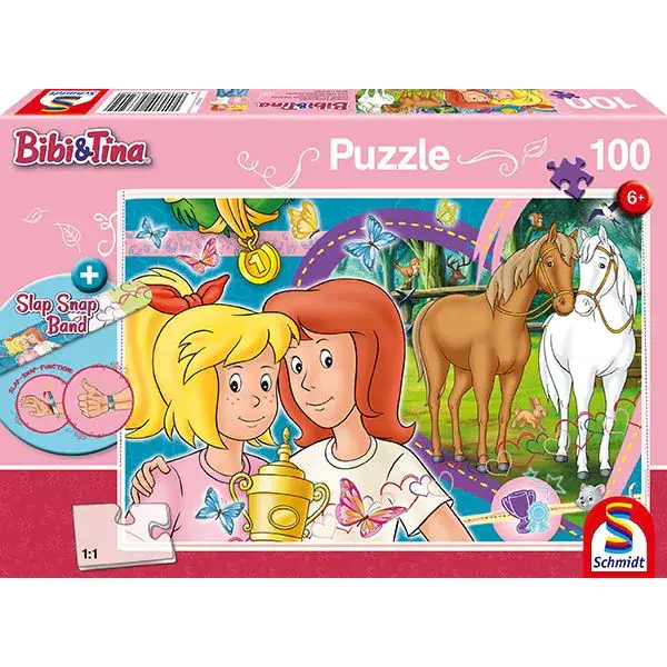 Schmidt Spiele Bibi & Tina: Pferdeglück, 100 Teile Kinderpuzzle mit Add-on (inkl. Slap Snap Band bunt)