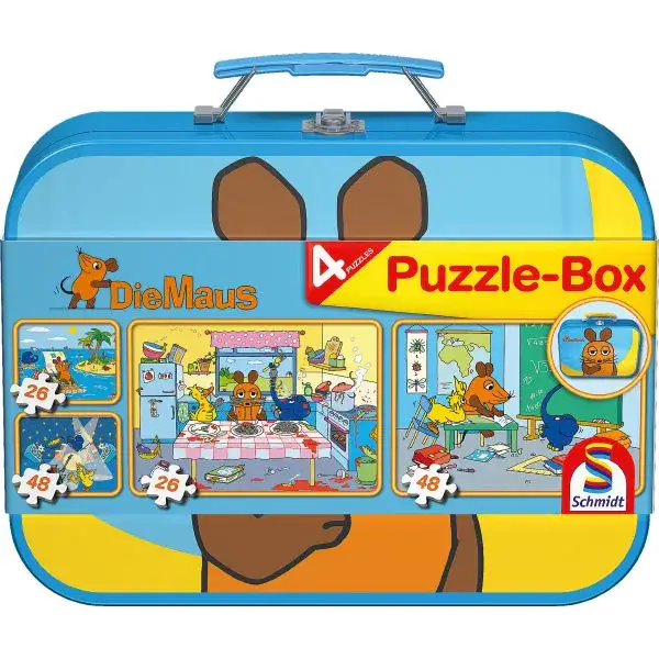 Schmidt Spiele Puzzle-Box: Die Maus im Metallkoffer mit 4 Kinderpuzzles (2 x 26 und 2 x 48 Teile) Günstig kaufen