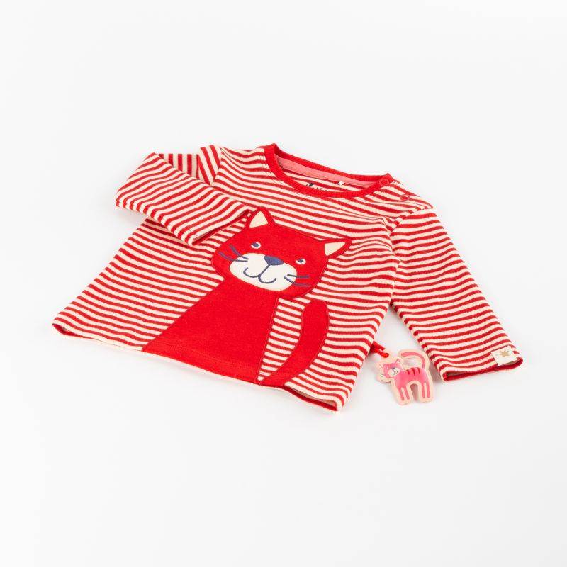 Sigikid Baby Ringel Langarmshirt mit Katzen Motiv, rot-weiß Fabrikpreis