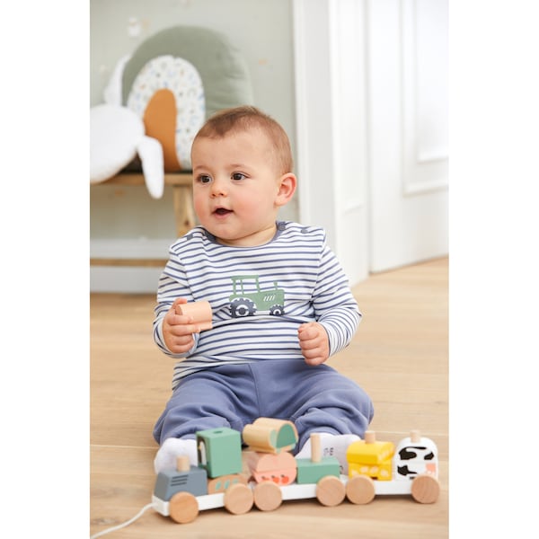 babywalz Bornino - Farm LifeShirt langarm Ringel Traktor blau/offwhite Kostenlose Rückgabe