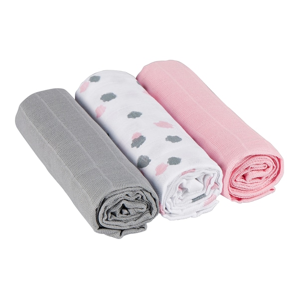 babywalz Bornino - BASICS3er-Pack Mullwindeln 80x80 cm rosa/grau/weiß Letzte 2 Tage