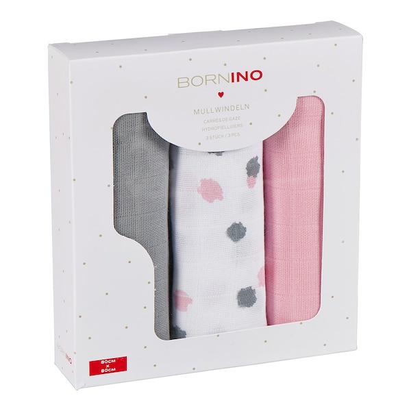 babywalz Bornino - BASICS3er-Pack Mullwindeln 80x80 cm rosa/grau/weiß Letzte 2 Tage