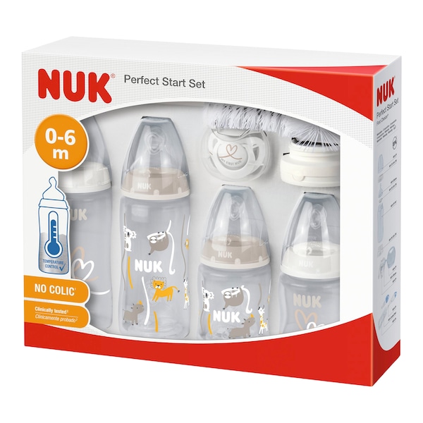 babywalz NUK9-tlg. Babyflaschen-Set First Choice Plus Temperature Control Anti-Kolik-Weithals 150-300ml 0-6M weiß / beige Günstig kaufen