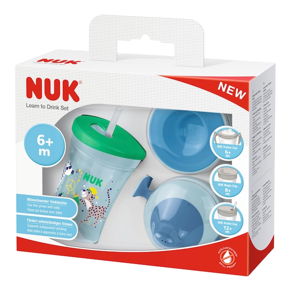 babywalz NUK5-tlg. Trinklernset Action Cup 230ml grün / blau Räumungsverkauf