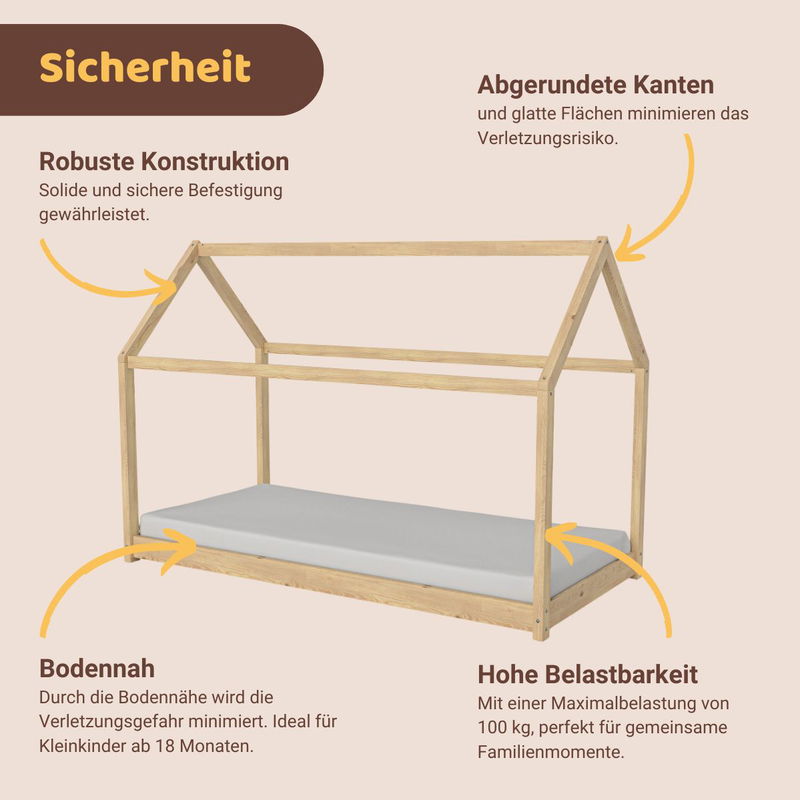babyonlineshop Artkid Haley Natur Montessori Hausbett Bodenbett 90x200 inkl. Lattenrost Kiefer 50% Rabatt mit kostenlosem Versand