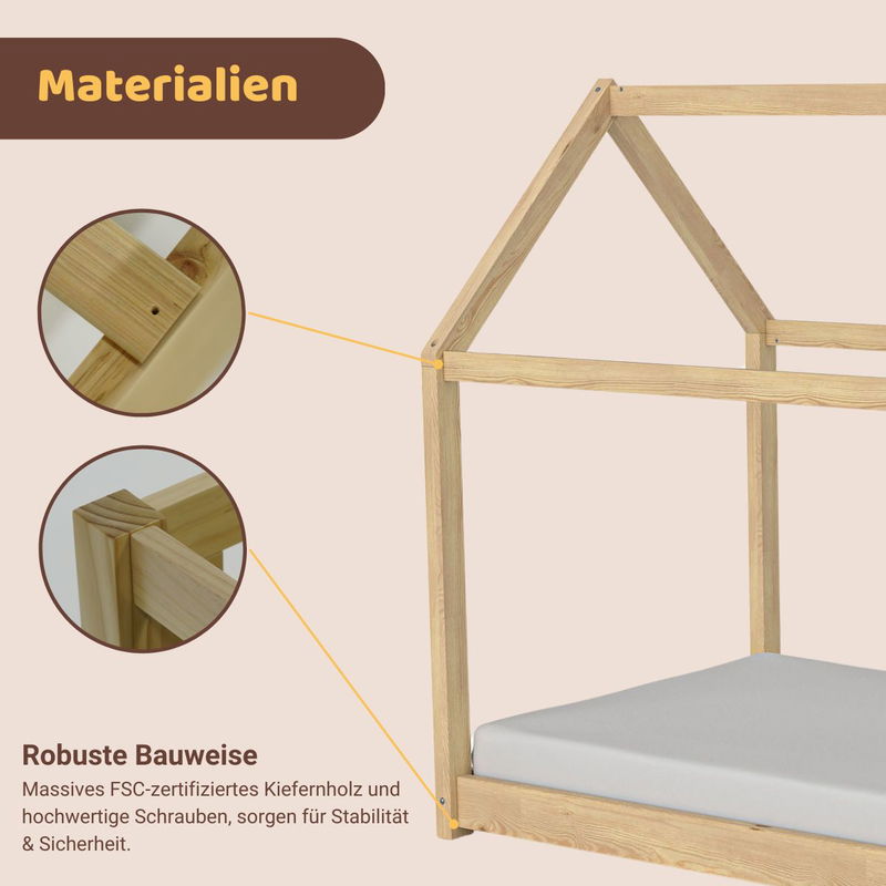 babyonlineshop Artkid Haley Natur Montessori Hausbett Bodenbett 90x200 inkl. Lattenrost Kiefer 50% Rabatt mit kostenlosem Versand
