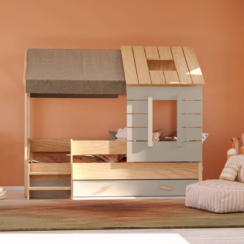babyonlineshop Nature Kid My House Hausbett natur 90 x 200 cm inkl. Stoffdach und Bettkasten Günstiger Verkauf