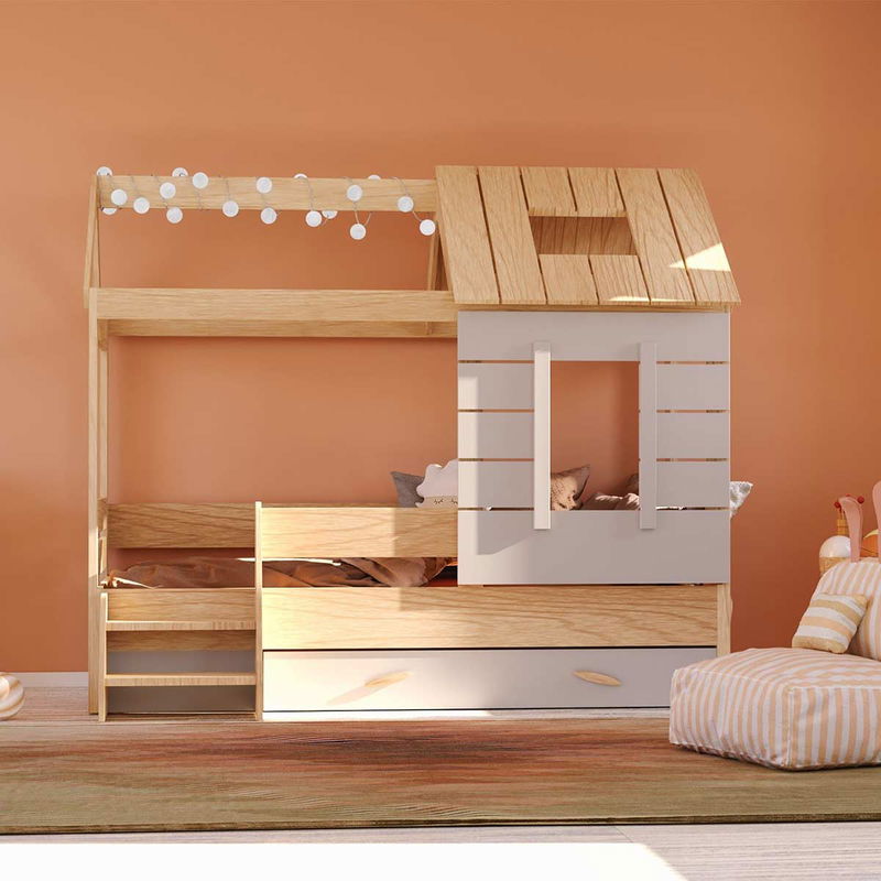 babyonlineshop Nature Kid My House Hausbett natur 90 x 200 cm inkl. Stoffdach und Bettkasten Günstiger Verkauf