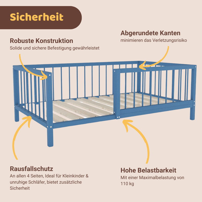 babyonlineshop Artkid Daniel Kinderbett montessori Bodenbett mit Rausfallschutz 90 x 160 cm blau Kiefer massiv Riesige Rabatte