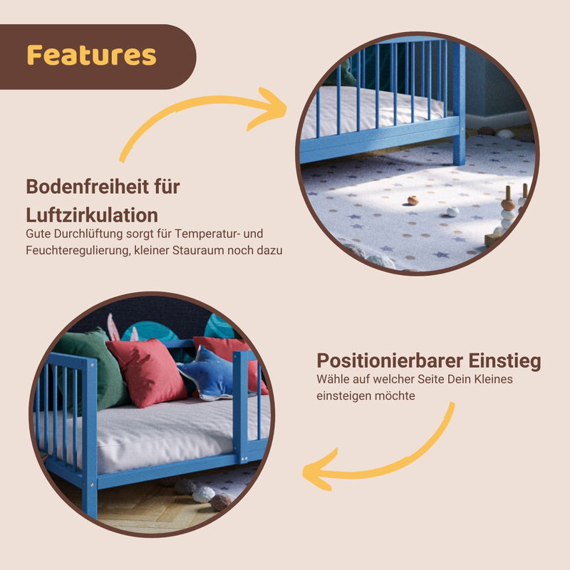 babyonlineshop Artkid Daniel Kinderbett montessori Bodenbett mit Rausfallschutz 90 x 160 cm blau Kiefer massiv Riesige Rabatte