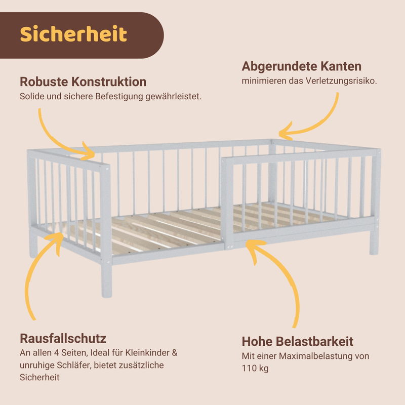 babyonlineshop Artkid Daniel Kinderbett 90 x 160 cm montessori Bodenbett mit Rausfallschutz weiß Kiefer massiv Lagerräumung