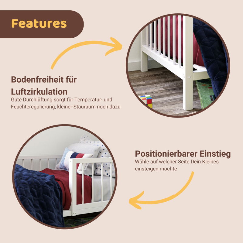 babyonlineshop Artkid Daniel Kinderbett 90 x 160 cm montessori Bodenbett mit Rausfallschutz weiß Kiefer massiv Lagerräumung