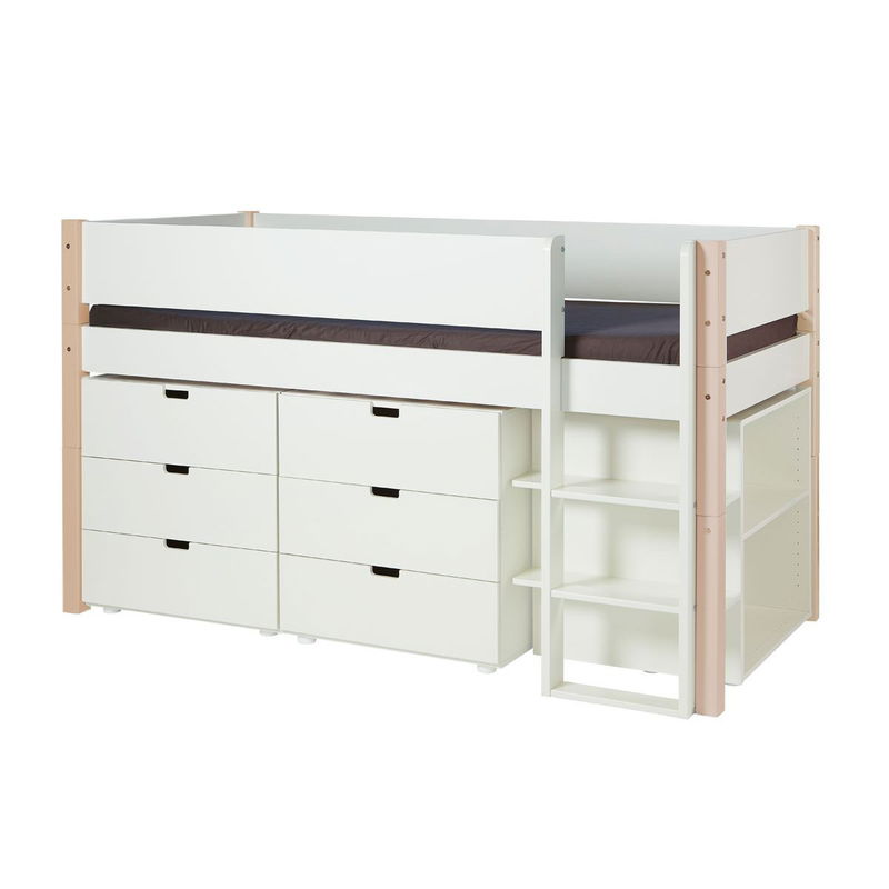 babyonlineshop Manis-h Halbhohes Bett ARN 90x200 cm Pfosten Buche inkl. Kommoden & Regal - 22 Farben wählbar ( Farbe Bett: Snow White / -11 mit Absturzsicherung NORMAL 10400-Farbe Snow White / -11 Snow White / -11) Exklusive Angebote