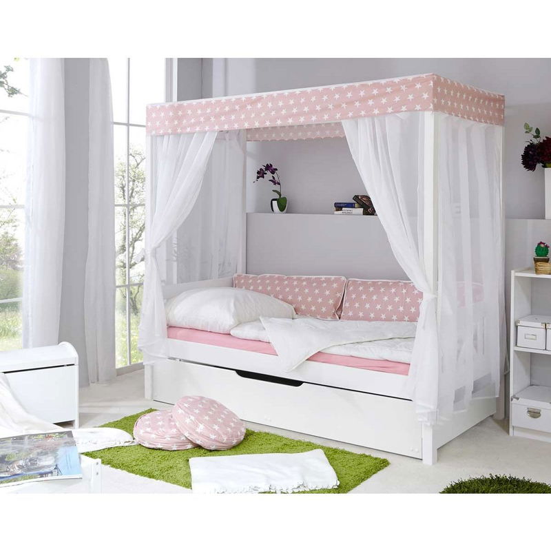 babyonlineshop Ticaa Himmelbett Stern Rosa Kiefer Weiß inkl. Bettkasten & Tüll-Textilien - 90 x 200 cm