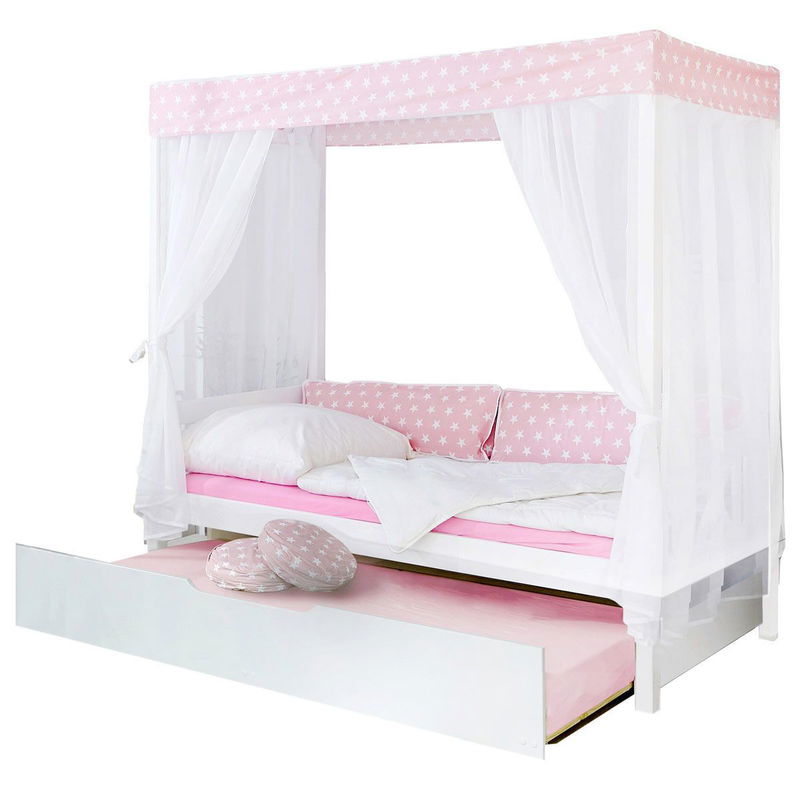 babyonlineshop Ticaa Himmelbett Stern Rosa Kiefer Weiß inkl. Bettkasten & Tüll-Textilien - 90 x 200 cm Große Rabatte