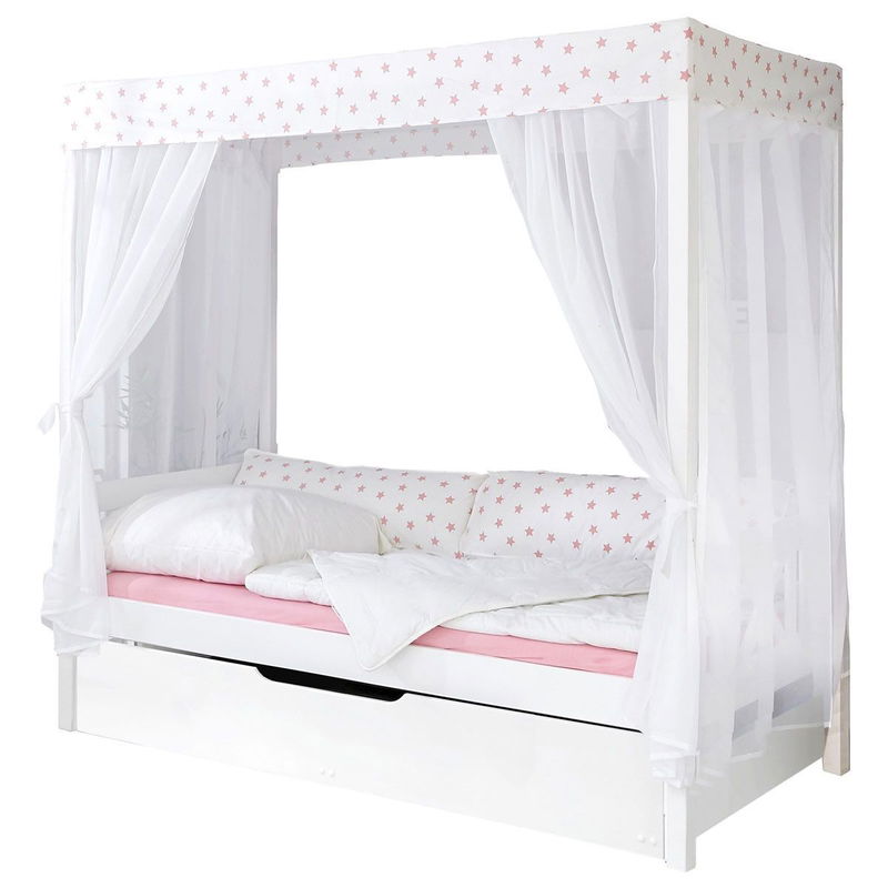 babyonlineshop Ticaa Himmelbett Stern Weiß-Rosa Kiefer Weiß inkl. Bettkasten & Tüll-Textilien - 90 x 200 cm Neuheiten