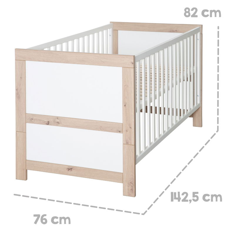 babyonlineshop Roba Malo Kombi-Kinderbett 70x140 cm Weiß/Eiche-Holzdekor Begrenzt auf 3 Tage