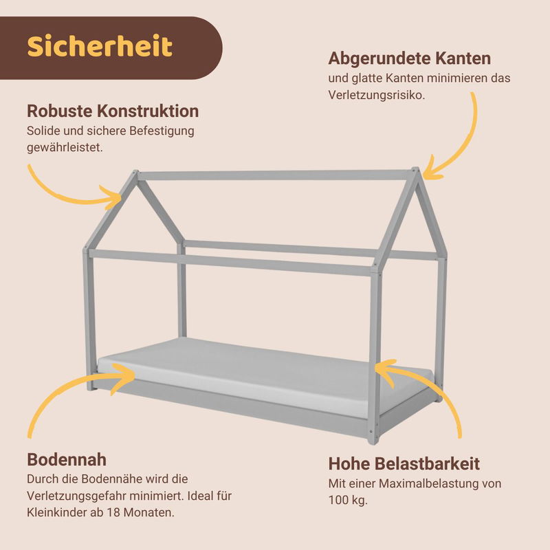 babyonlineshop Artkid Haley Grau Montessori Hausbett Bodenbett 90x200 inkl. Lattenrost massive Kiefer Outlet