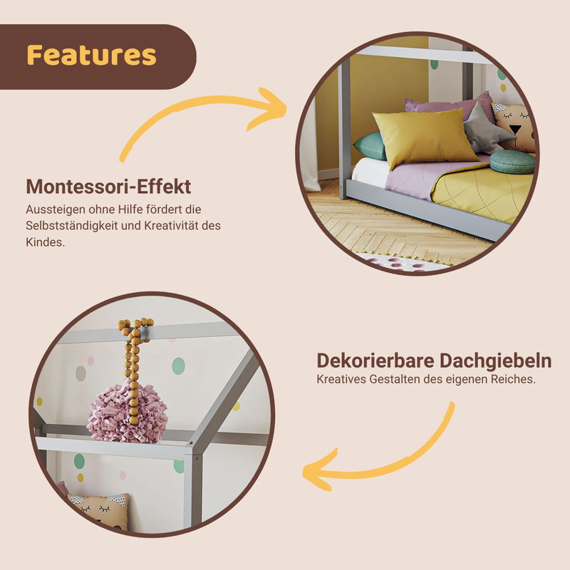 babyonlineshop Artkid Haley Grau Montessori Hausbett Bodenbett 90x200 inkl. Lattenrost massive Kiefer Outlet