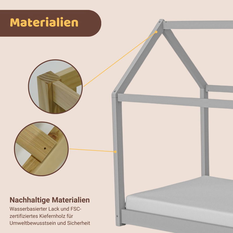 babyonlineshop Artkid Haley Grau Montessori Hausbett Bodenbett 90x200 inkl. Lattenrost massive Kiefer Outlet