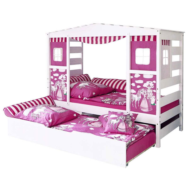 babyonlineshop Ticaa Hausbett Horse Rosa Kiefer Weiß & Bettkasten Massivholz - Dessin: Horse Rosa Meist gekauft