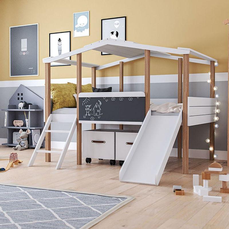 babyonlineshop Nature Kid Cory Kinderzimmer weiß/natur 5-teilig mit Hausbett 90 x 160 cm mit Dach Valentinstagsangebot