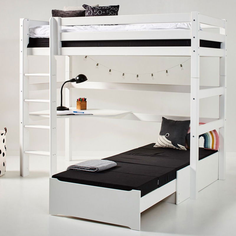 babyonlineshop Hoppekids Hochbett ECO Luxury 90x200 cm mit gerader Leiter Tischplatte & Lounge-Ecke