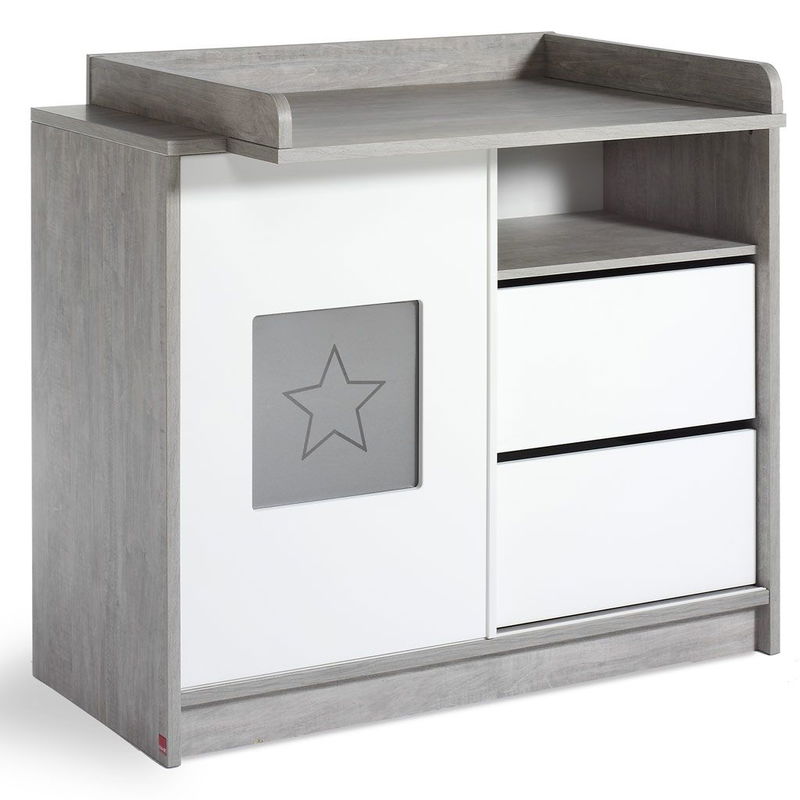 babyonlineshop Schardt Eco Star Wickelkommode Weiß/Driftwood 1 Schiebetür 2 Schubkästen - mit Wickelaufsatz Sonderangebot der Fabrik