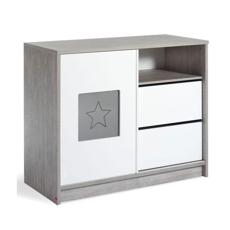 babyonlineshop Schardt Eco Star Wickelkommode Weiß/Driftwood 1 Schiebetür 2 Schubkästen - mit Wickelaufsatz Sonderangebot der Fabrik