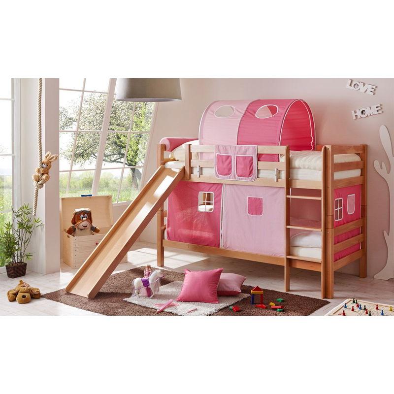 babyonlineshop Ticaa Lupo Etagenbett mit Rutsche Buche natur Massivholz - Vorhang-Dessin wählbar Tägliche Deals