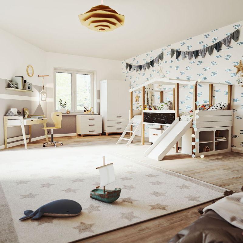 babyonlineshop Nature Kid Cory Kinderzimmer weiß/natur 8-teilig mit Hausbett 90 x 200 cm Dach & Schreibtisch Tiefpreis