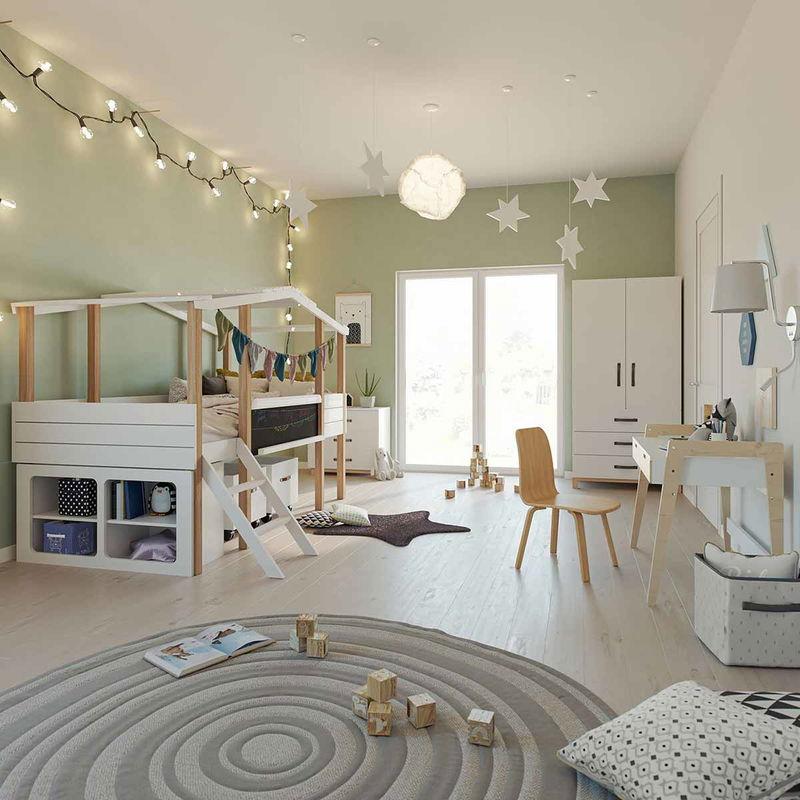 babyonlineshop Nature Kid Cory Kinderzimmer weiß/natur 8-teilig mit Hausbett 90 x 200 cm Dach & Schreibtisch Tiefpreis