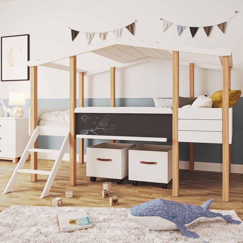 babyonlineshop Nature Kid Cory Kinderzimmer weiß/natur 8-teilig mit Hausbett 90 x 200 cm Dach & Schreibtisch Tiefpreis